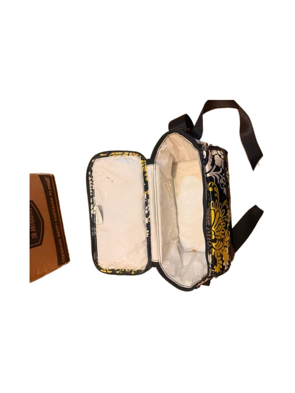 Vera Bradley Black Yellow Floral PVC Laminated Crossbody Lunch Bag
